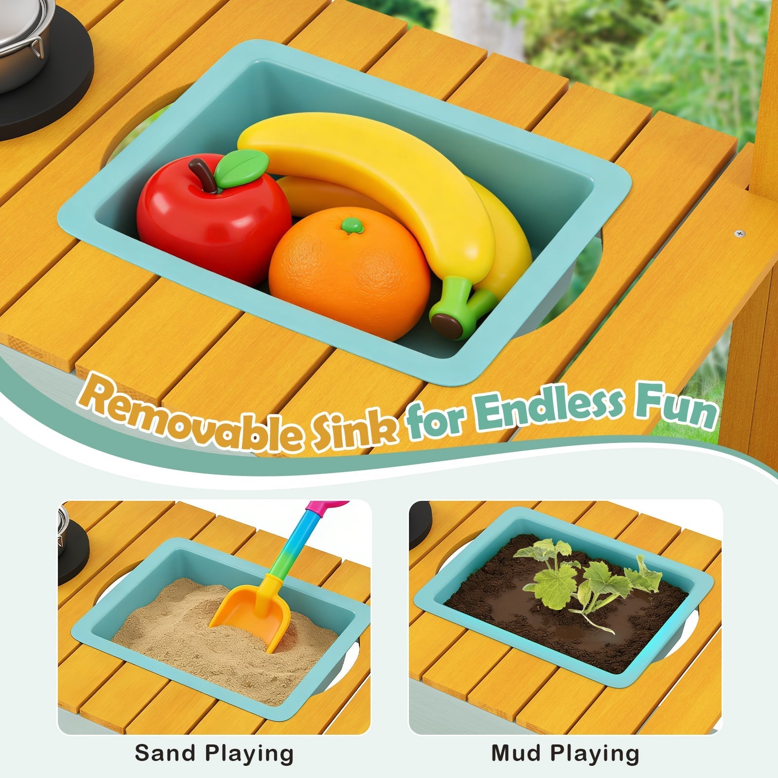 Pretend Mud Kitchen Play Kitchen with Removable Sink and Planter Boxes-Yellow