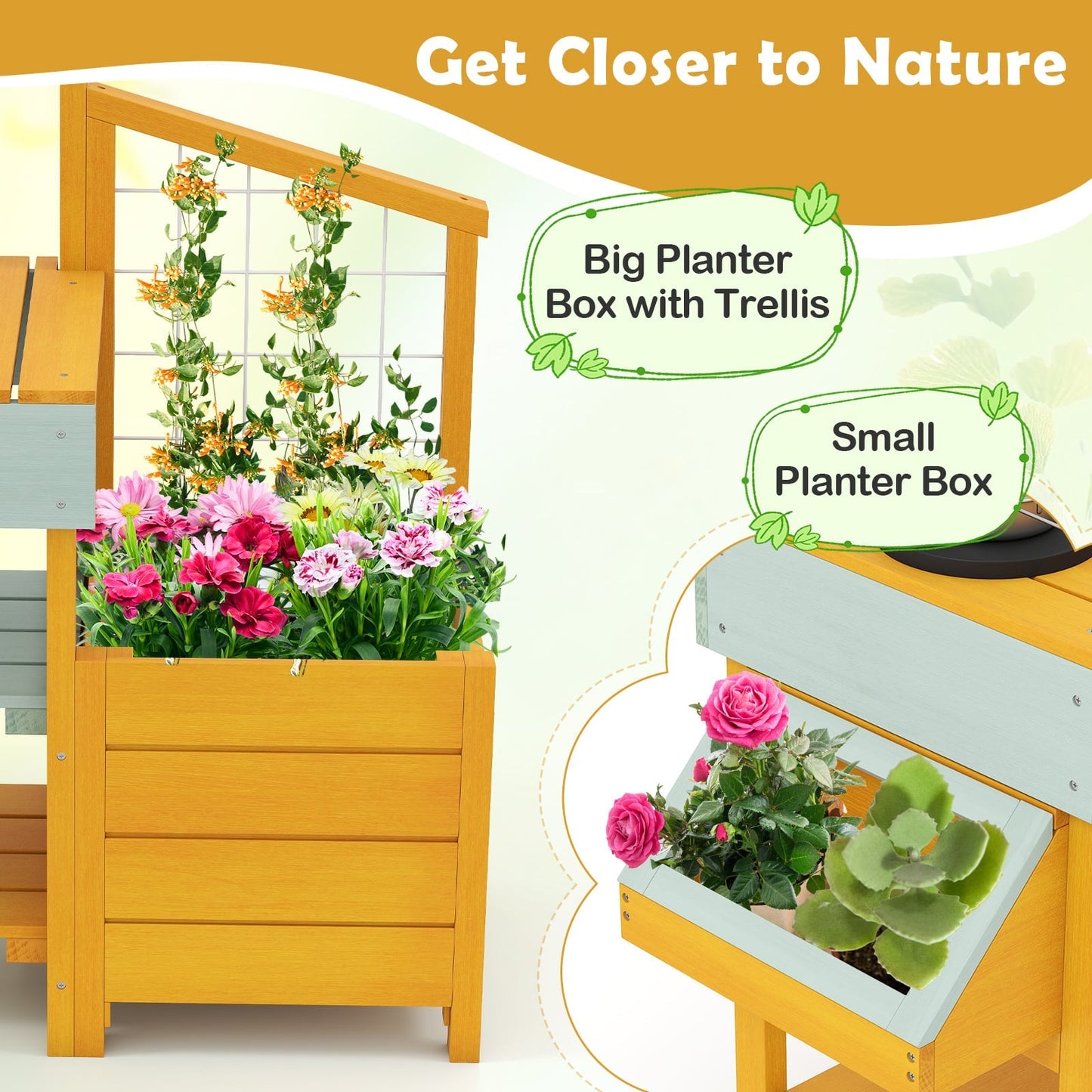 Pretend Mud Kitchen Play Kitchen with Removable Sink and Planter Boxes-Yellow