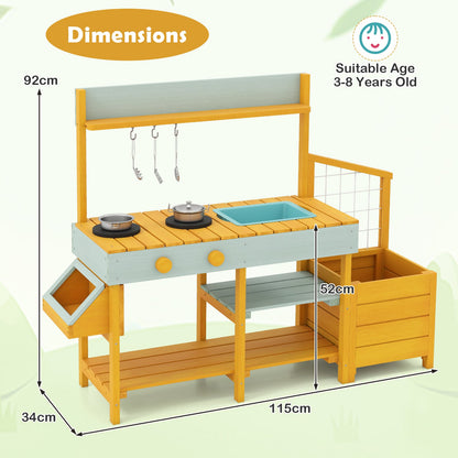 Pretend Mud Kitchen Play Kitchen with Removable Sink and Planter Boxes-Yellow