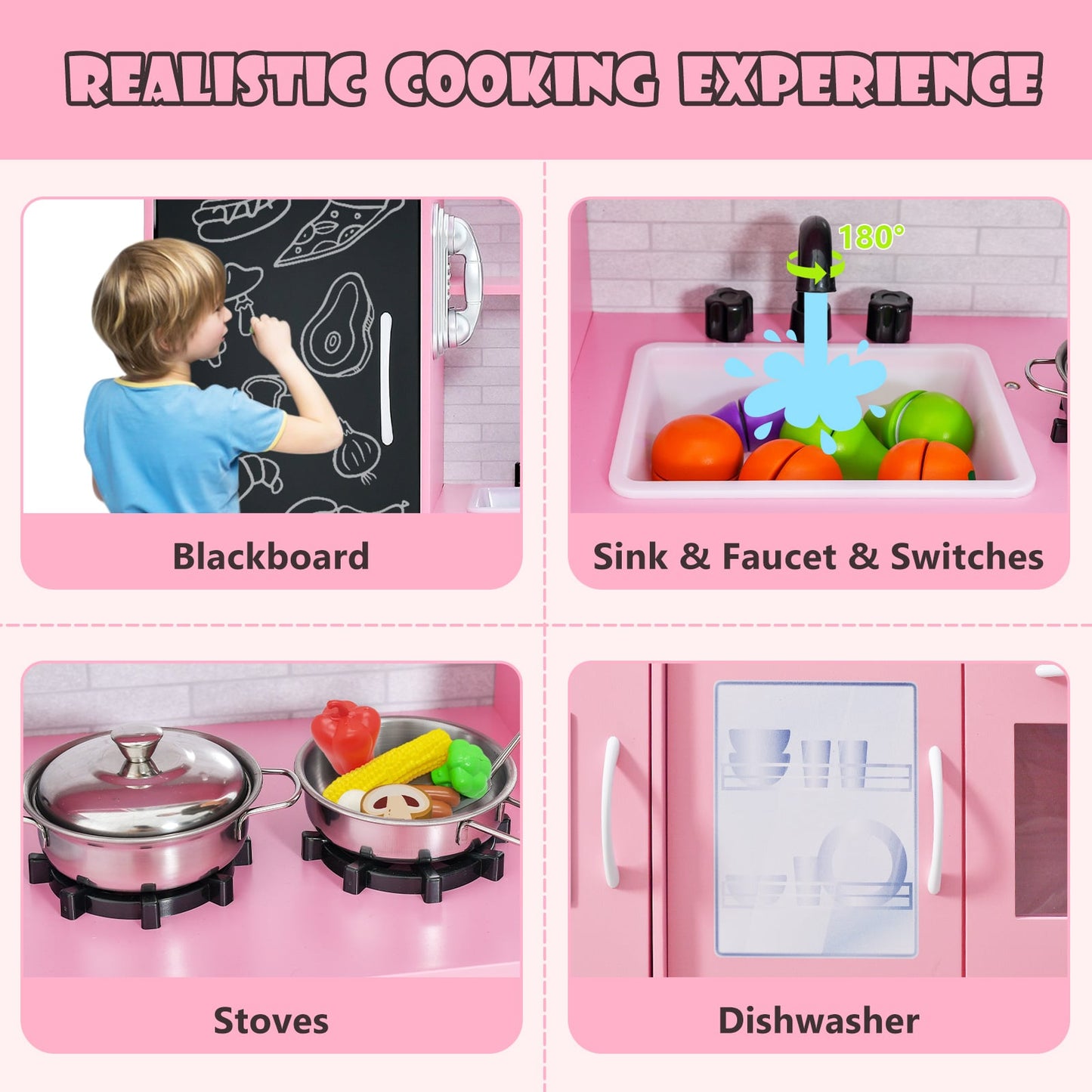 Toddler Pretend Kitchen Playset with Accessories and Simulated Sounds-Pink