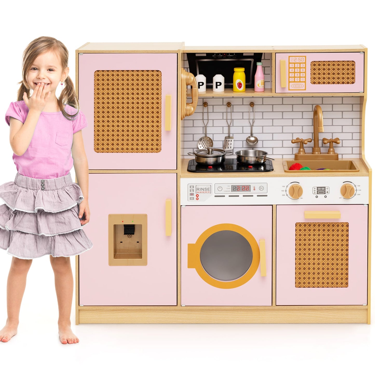 Wooden Kids Kitchen Playset with Real Sounds Lights Stove Water Dispenser-Pink