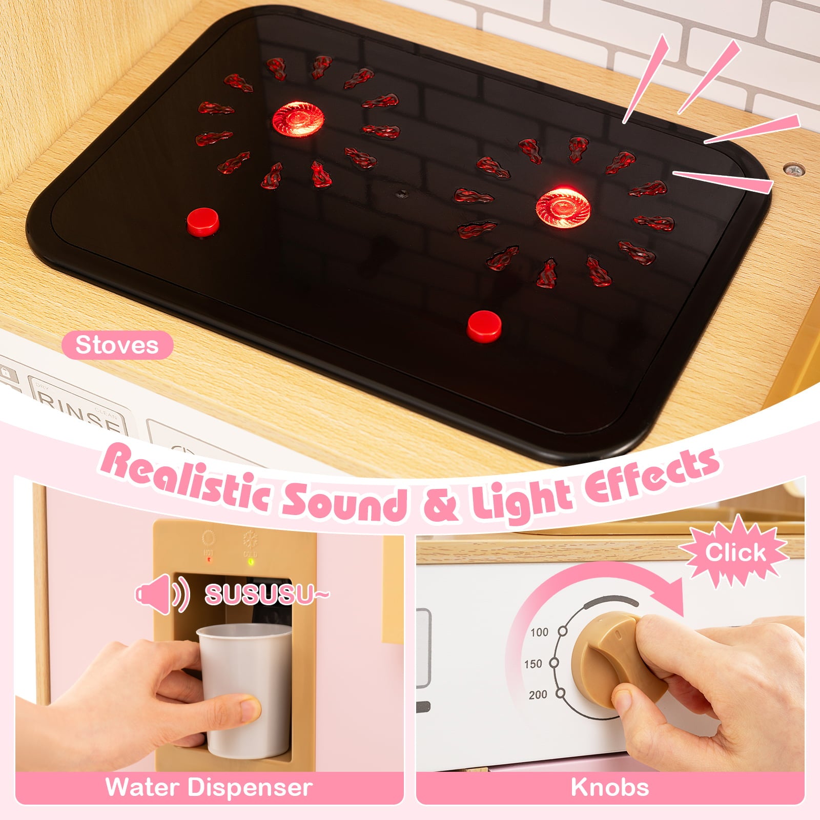 Wooden Kids Kitchen Playset with Real Sounds Lights Stove Water Dispenser-Pink