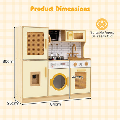 Wooden Kids Kitchen Playset with Real Sounds Lights Stove Water Dispenser-Yellow