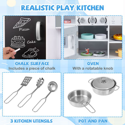 Pretend Play Kitchen for Kids with Utensils Aged 3+-Silver