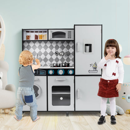 Pretend Play Kitchen with Ice Maker and Cooking Stove for Kids-Grey