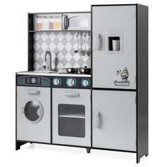 Pretend Play Kitchen with Ice Maker and Cooking Stove for Kids-Grey