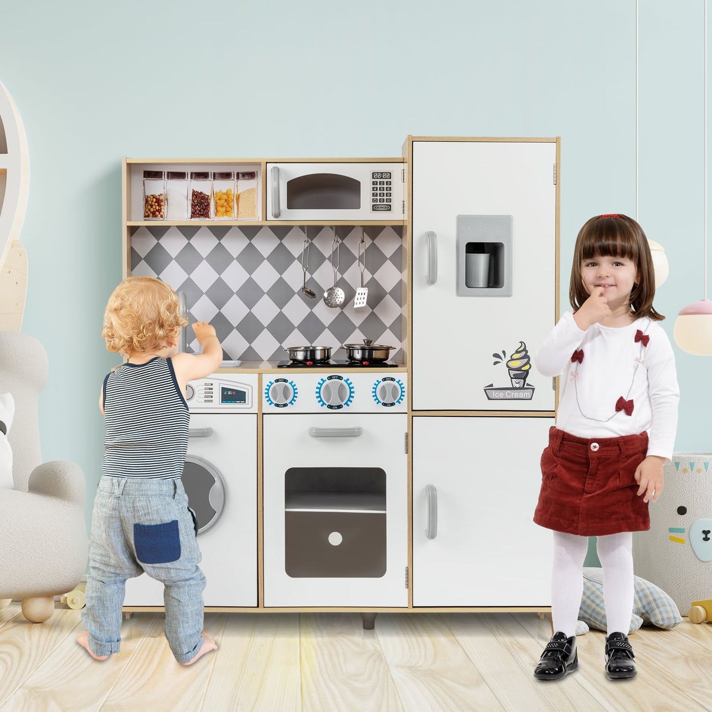 Pretend Play Kitchen with Ice Maker and Cooking Stove for Kids-Natural