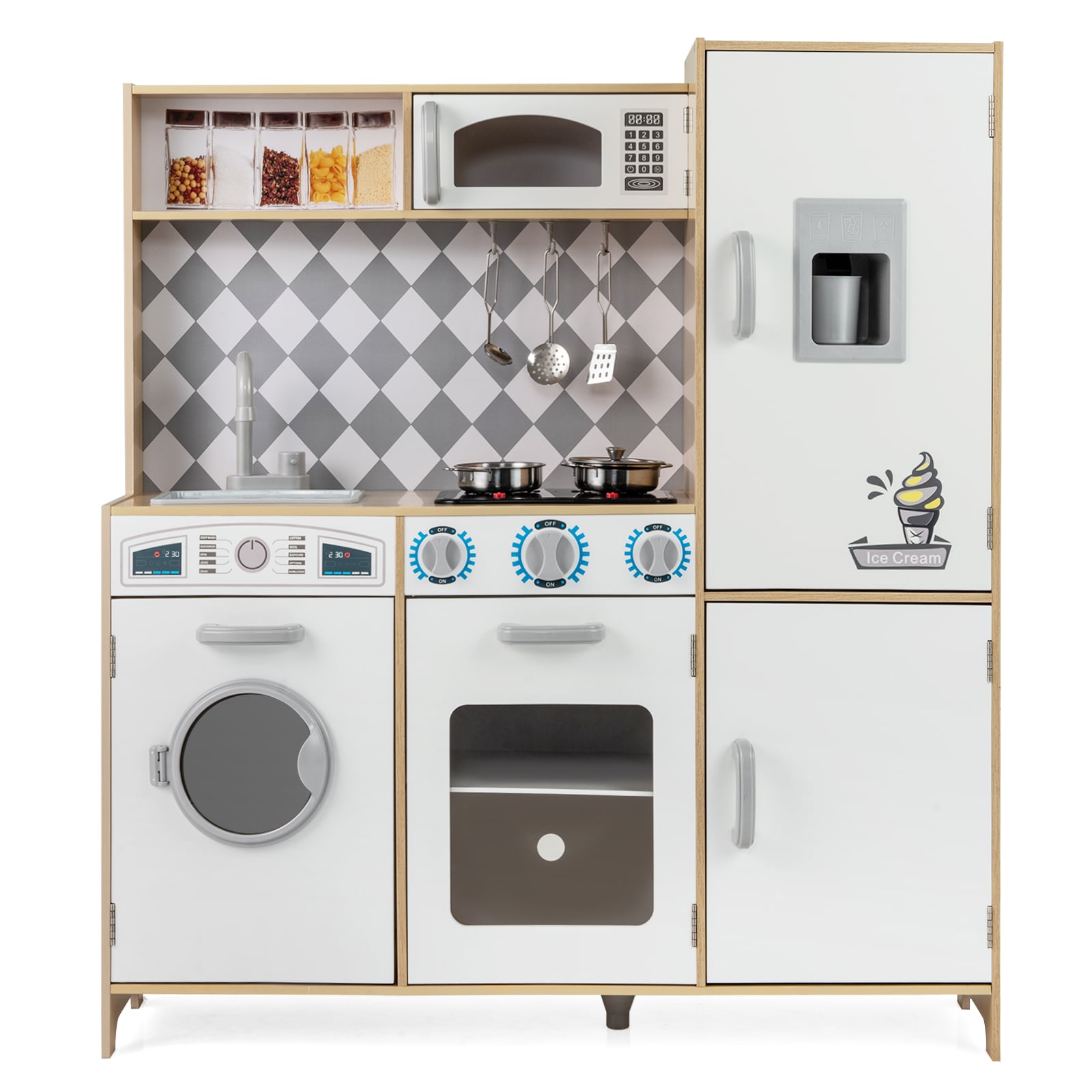 Pretend Play Kitchen with Ice Maker and Cooking Stove for Kids-Natural