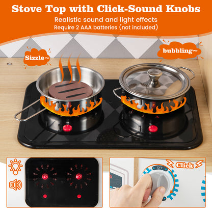 Pretend Play Kitchen with Ice Maker and Cooking Stove for Kids-Natural