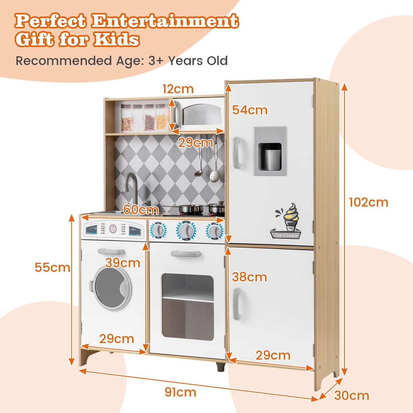 Pretend Play Kitchen with Ice Maker and Cooking Stove for Kids-Natural