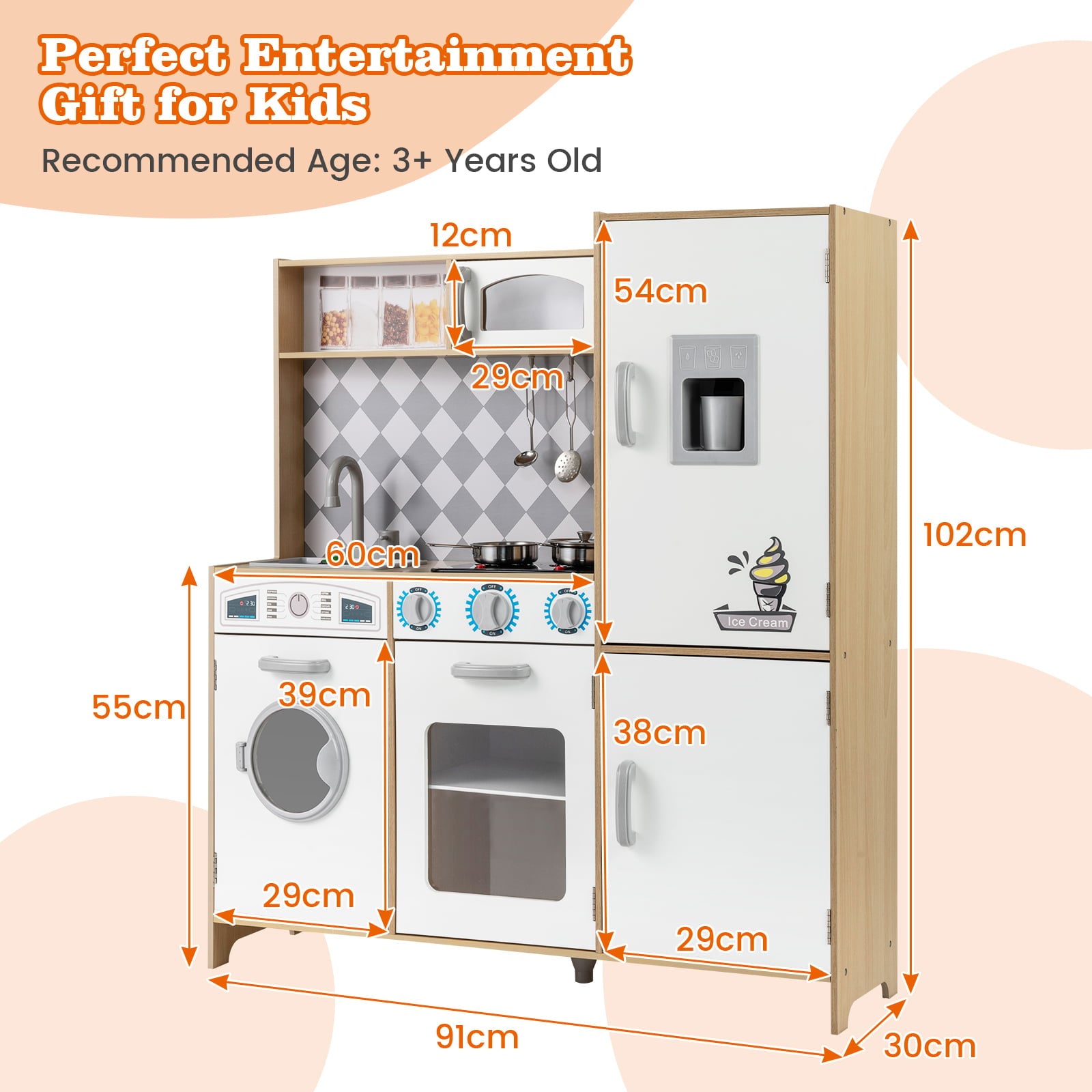 Pretend Play Kitchen with Ice Maker and Cooking Stove for Kids-Natural