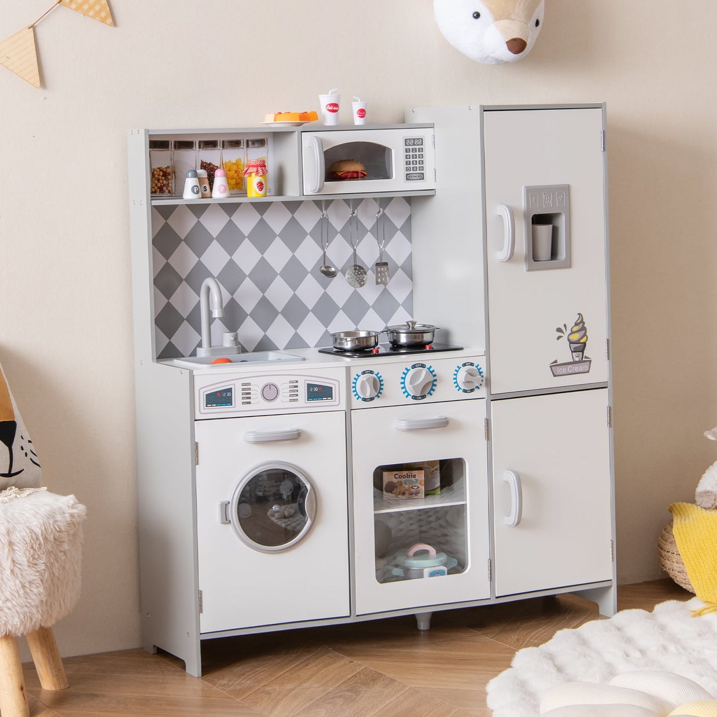 Pretend Play Kitchen with Ice Maker and Cooking Stove for Kids-White