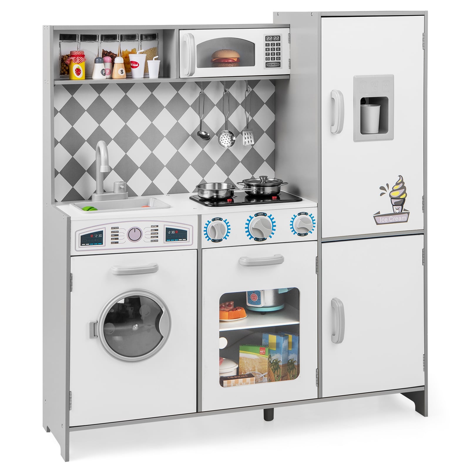 Pretend Play Kitchen with Ice Maker and Cooking Stove for Kids-White