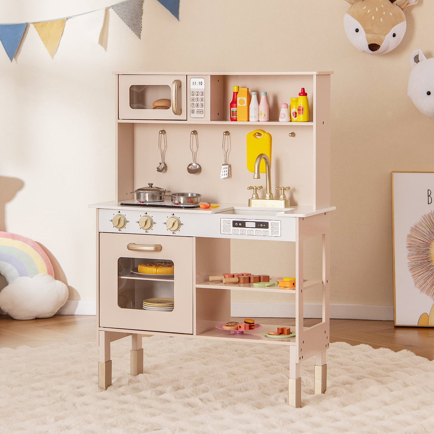 Kids Kitchen Playset with Stoves with Sound Light Oven Faucet-Pink