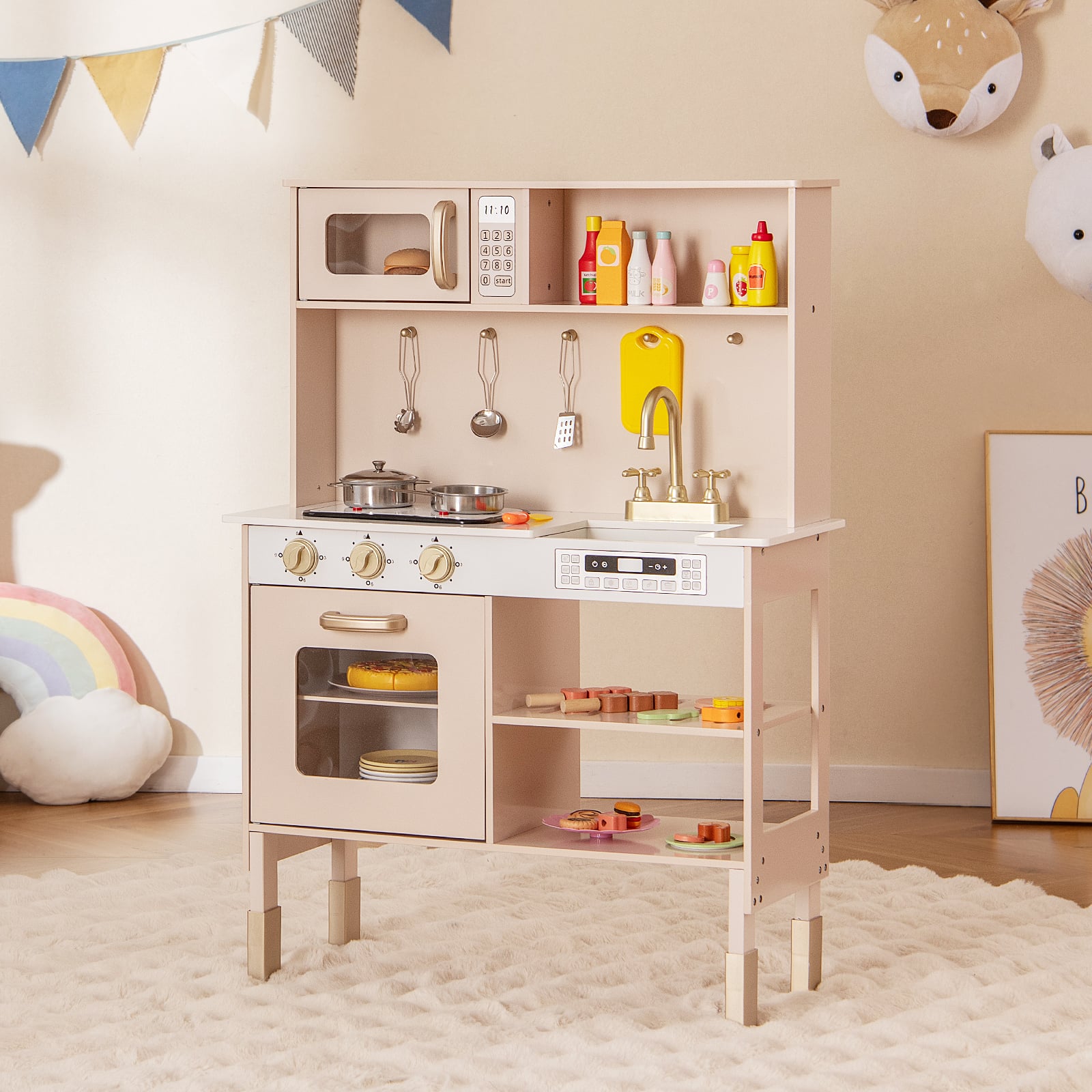 Kids Kitchen Playset with Stoves with Sound Light Oven Faucet-Pink