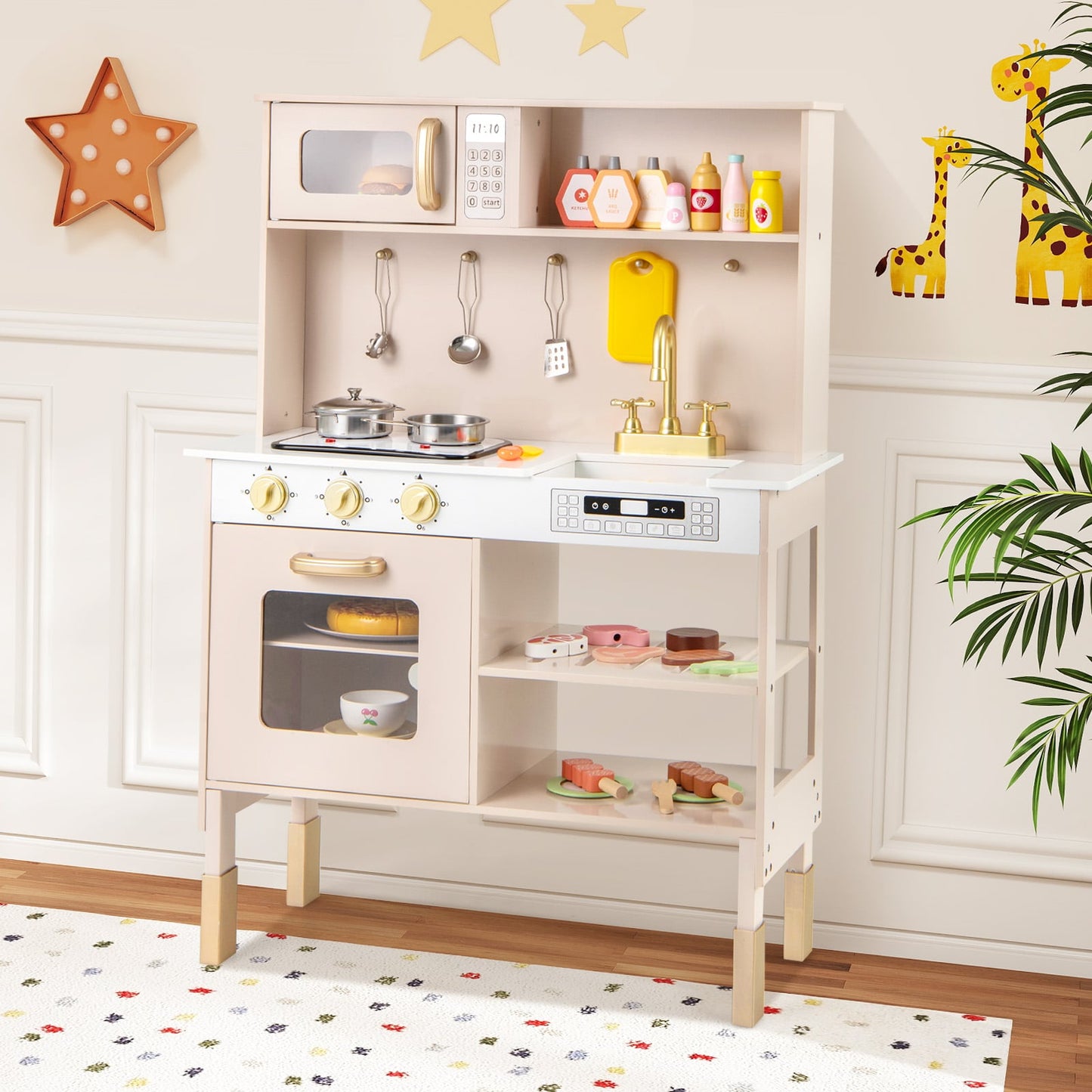 Kids Kitchen Playset with Stoves with Sound Light Oven Faucet-Pink
