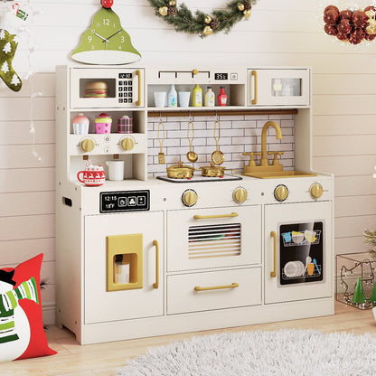 Pretend Toy Kitchen Set with Ice Dispenser and Water Dispenser-Beige
