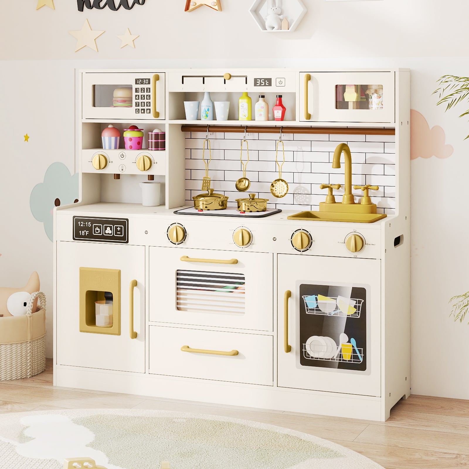 Pretend Toy Kitchen Set with Ice Dispenser and Water Dispenser-Beige