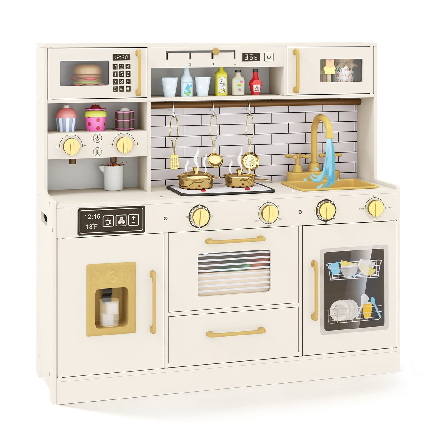 Pretend Toy Kitchen Set with Ice Dispenser and Water Dispenser-Beige