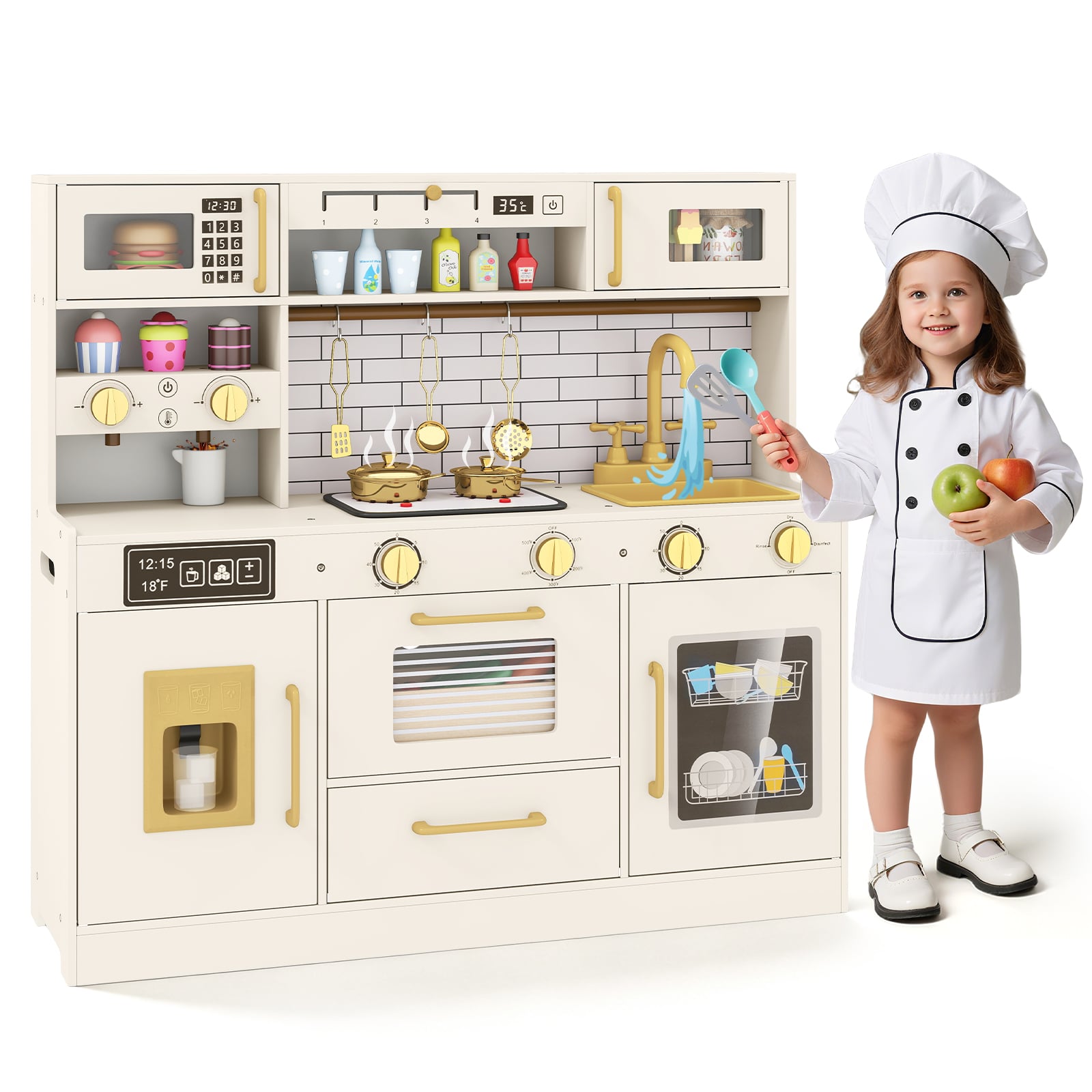 Pretend Toy Kitchen Set with Ice Dispenser and Water Dispenser-Beige