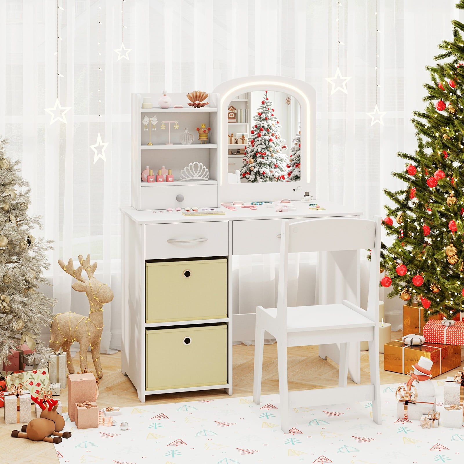 Kids Vanity Set with Lighted Mirror and Storage Drawers-White