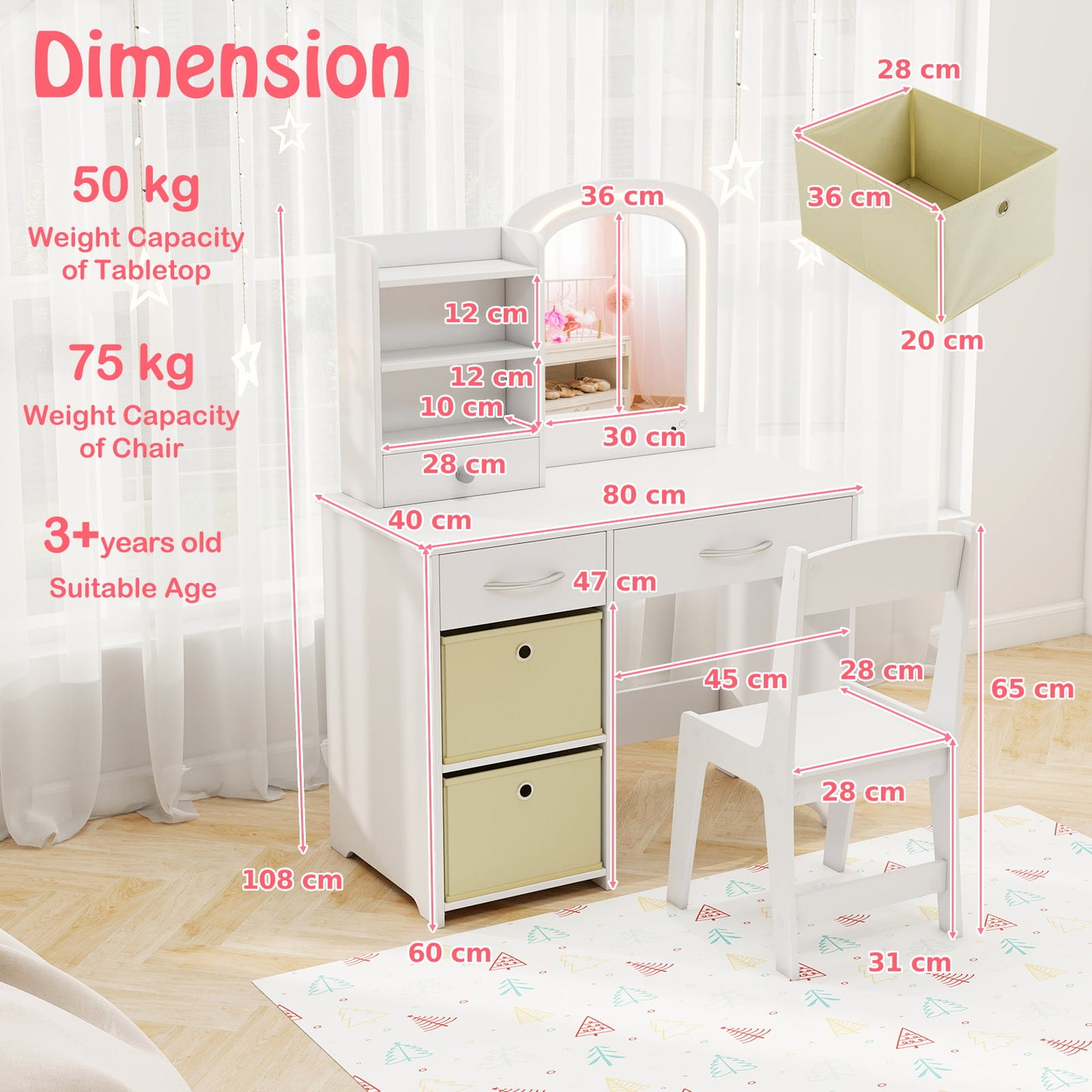 Kids Vanity Set with Lighted Mirror and Storage Drawers-White