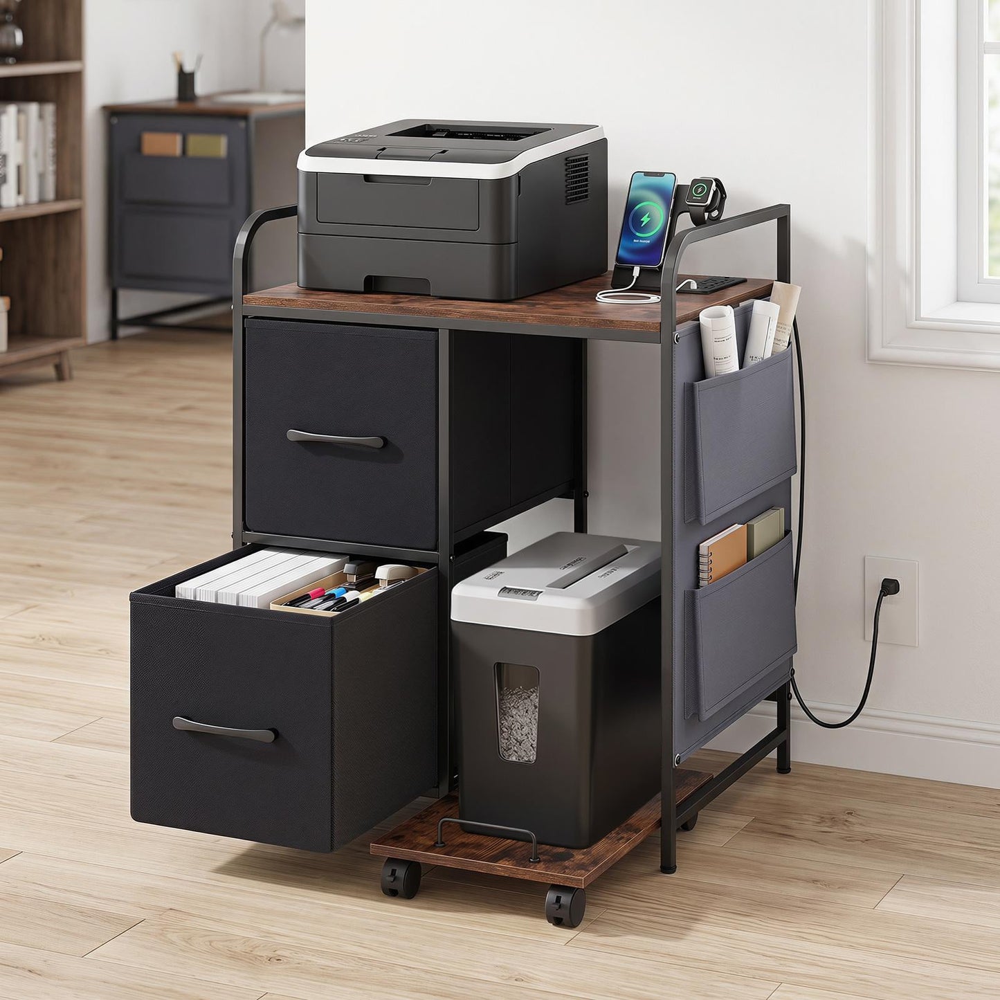Printer Stand with Rolling Shredder Stand & Charging Station with Wheels-Rustic Brown