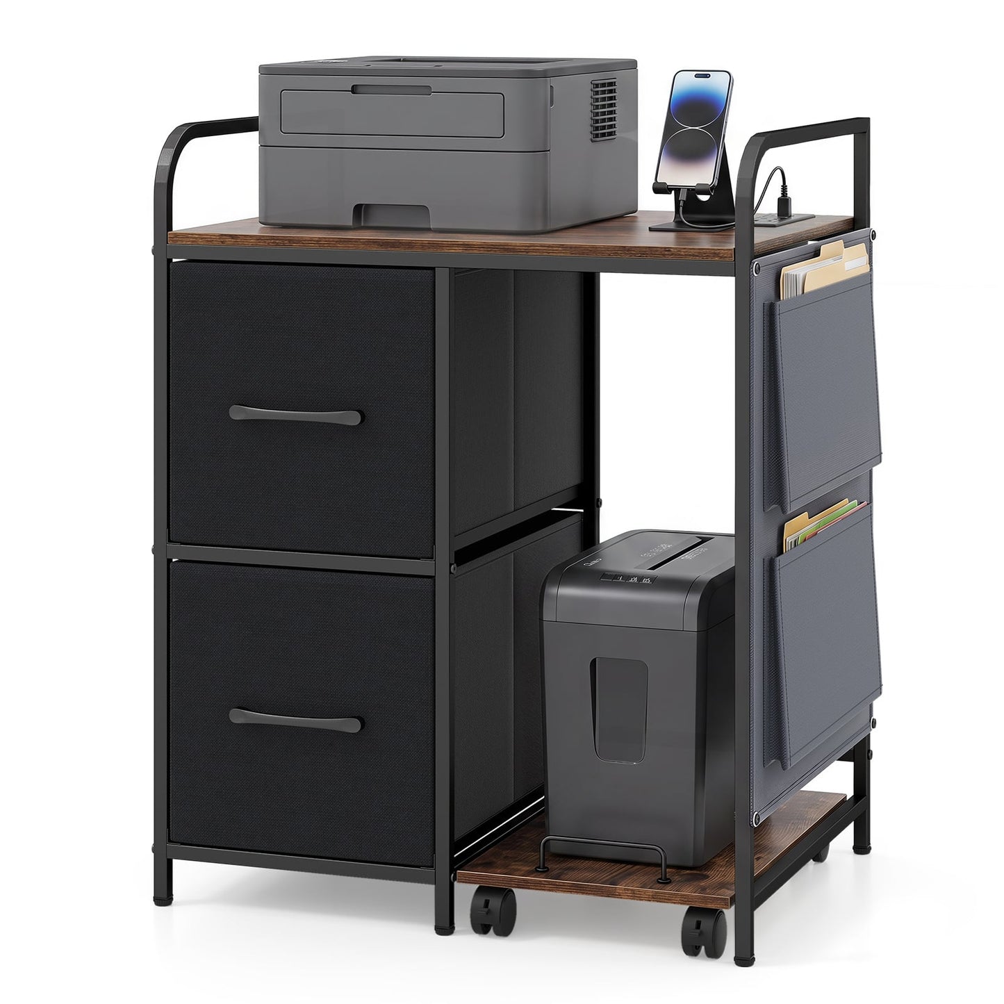 Printer Stand with Rolling Shredder Stand & Charging Station with Wheels-Rustic Brown