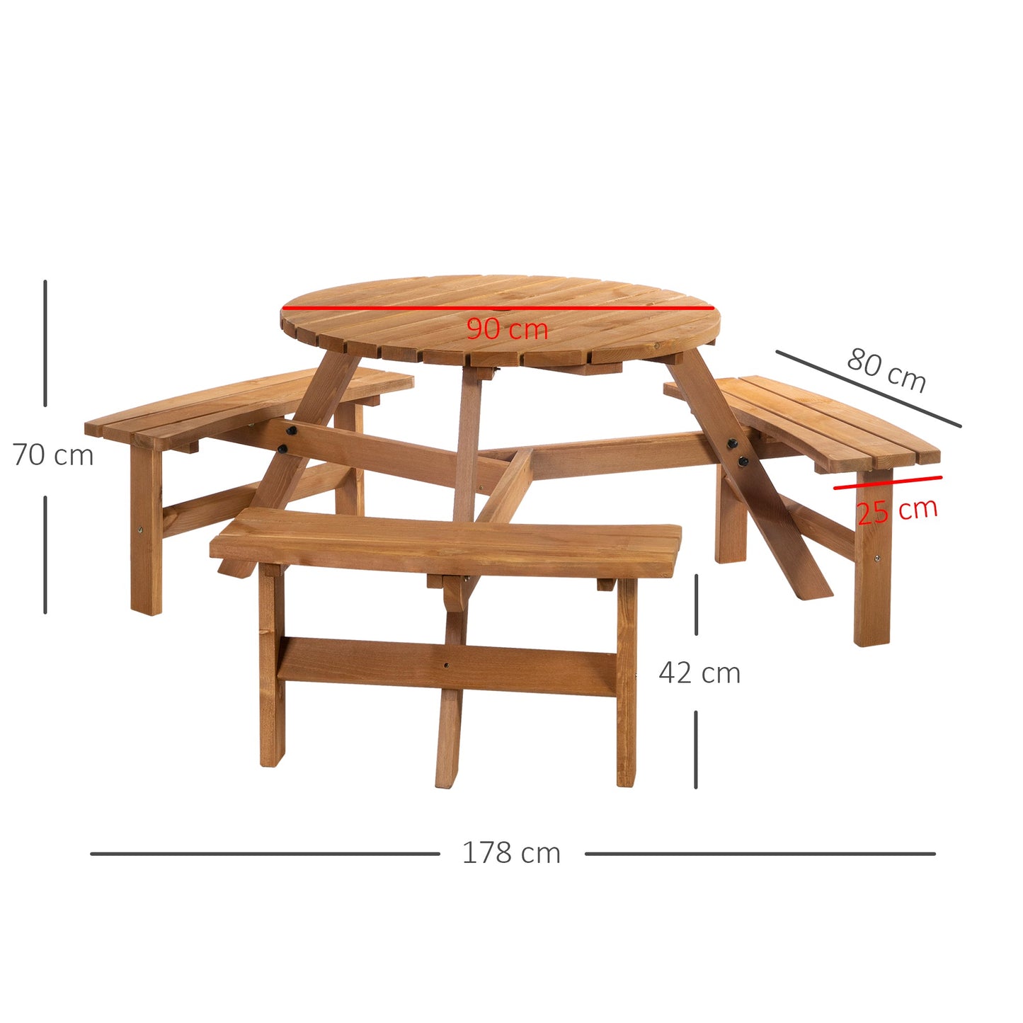 Outsunny 6 Seater Wooden Picnic Table and Bench Set Round Patio Dining Set with 3 Benches and Umbrella Hole Outdoor Garden Park