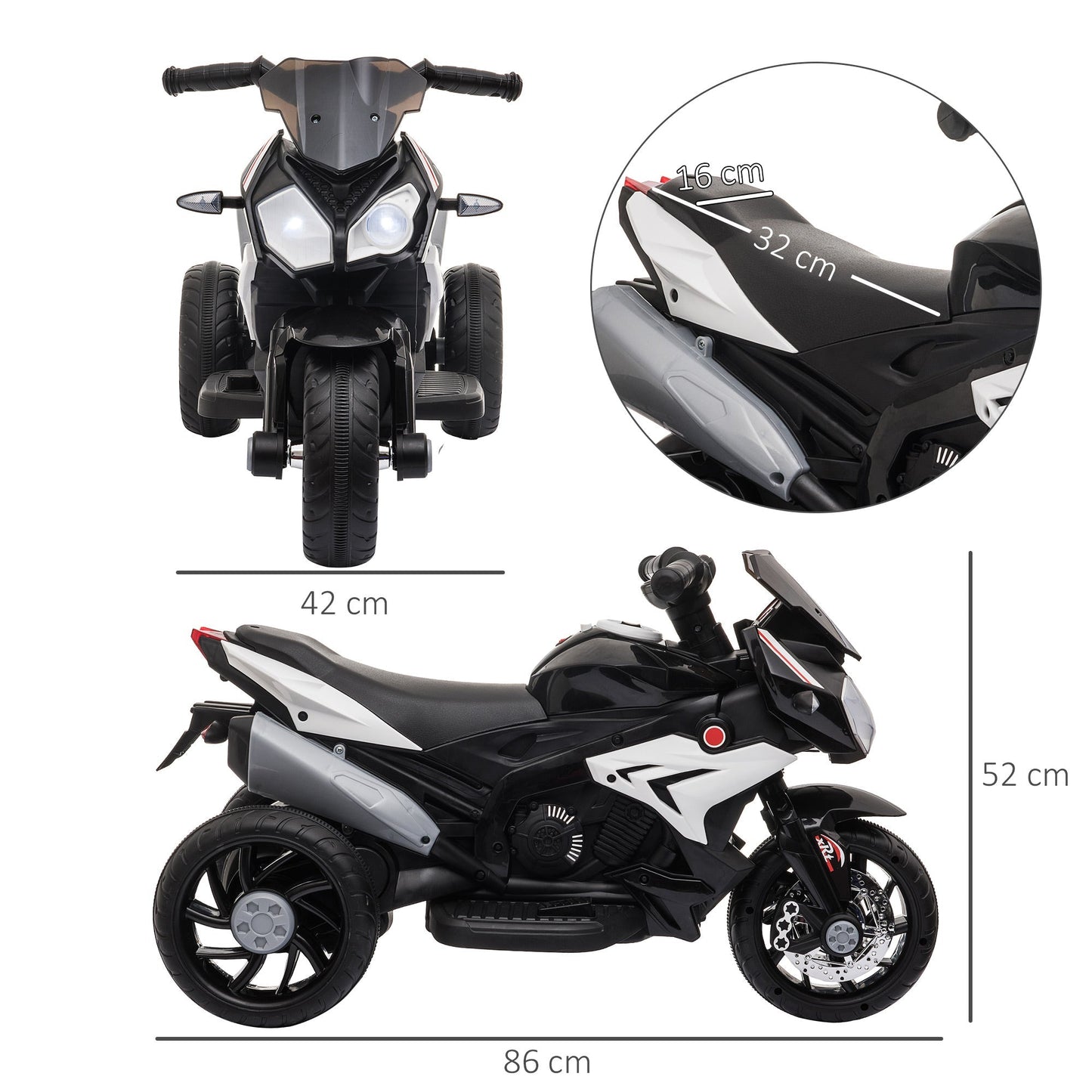 HOMCOM Kids Electric Motorcycle Ride-On Toy, with Three Wheels, Music, Horn, Lights