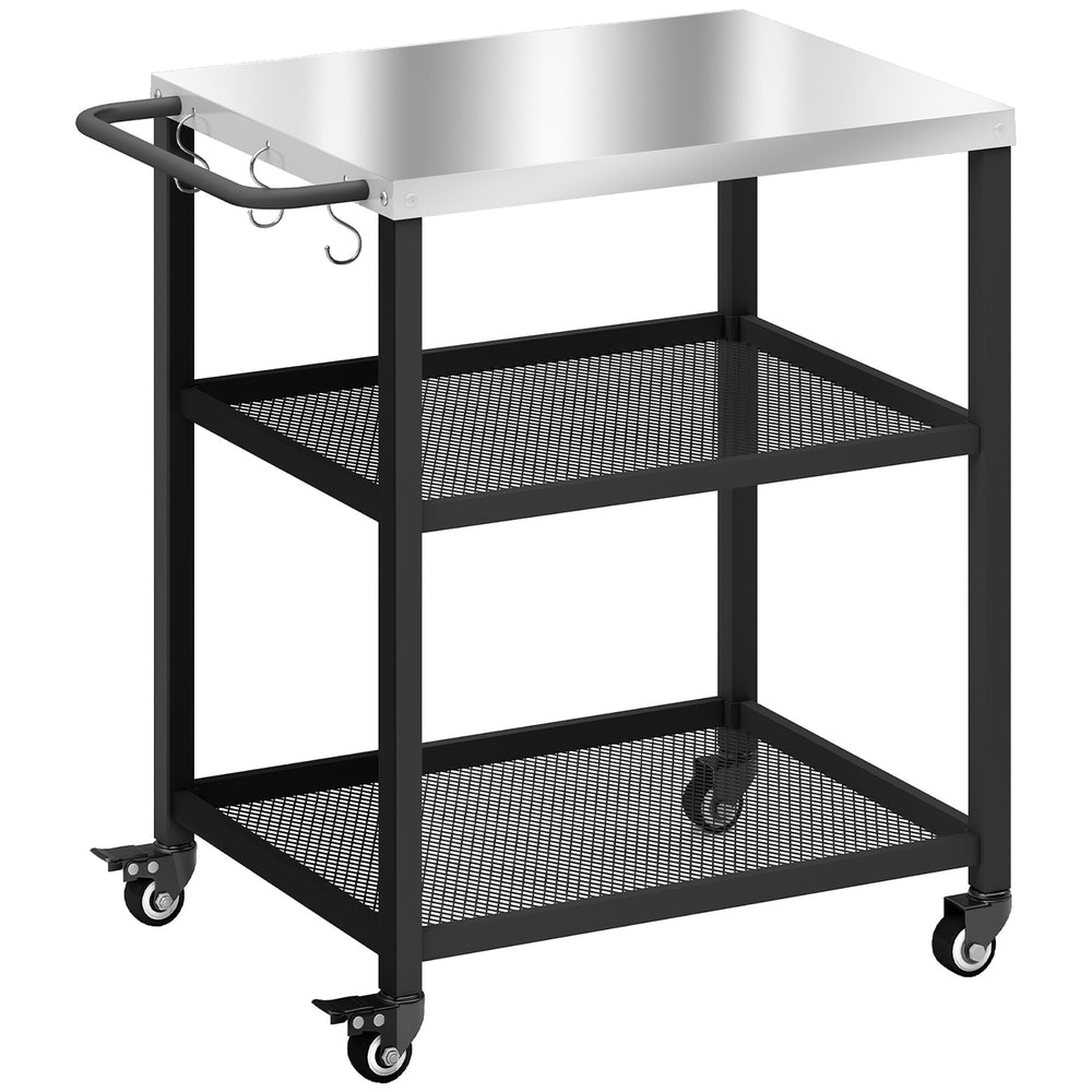 Outsunny Outdoor Grill Cart with Stainless Steel Tabletop, 3-Tier Pizza Oven Stand with Adjustable Shelf, Hooks, Wheels, Black