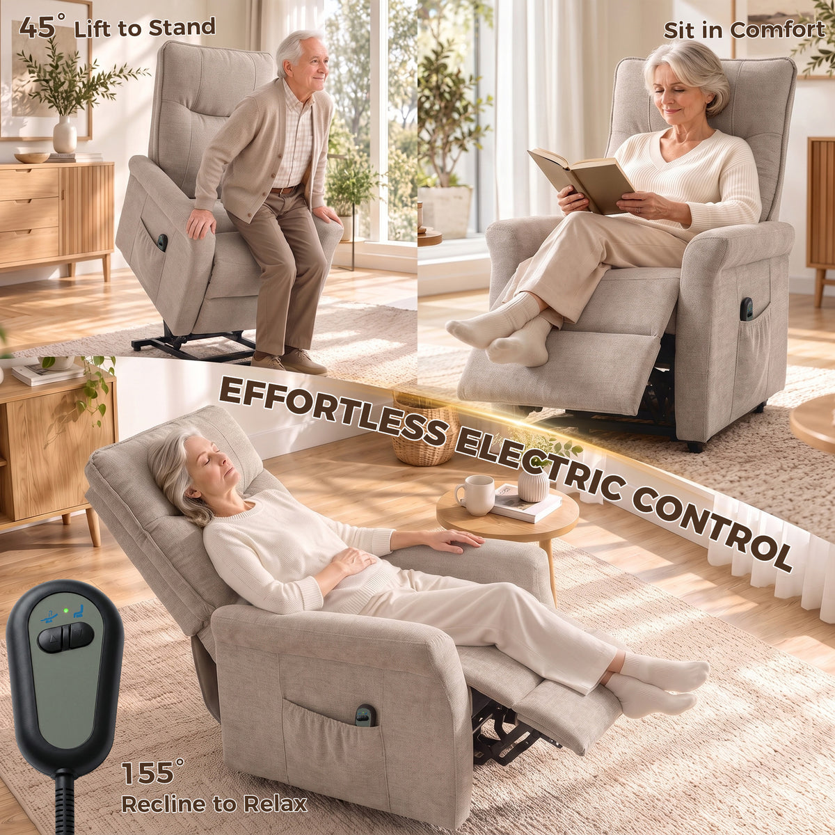 HOMCOM Power Lift Chair, Chenille Rise and Recliner Armchair with Pocket Spring, Footrest, Remote for Living Room, Light Brown