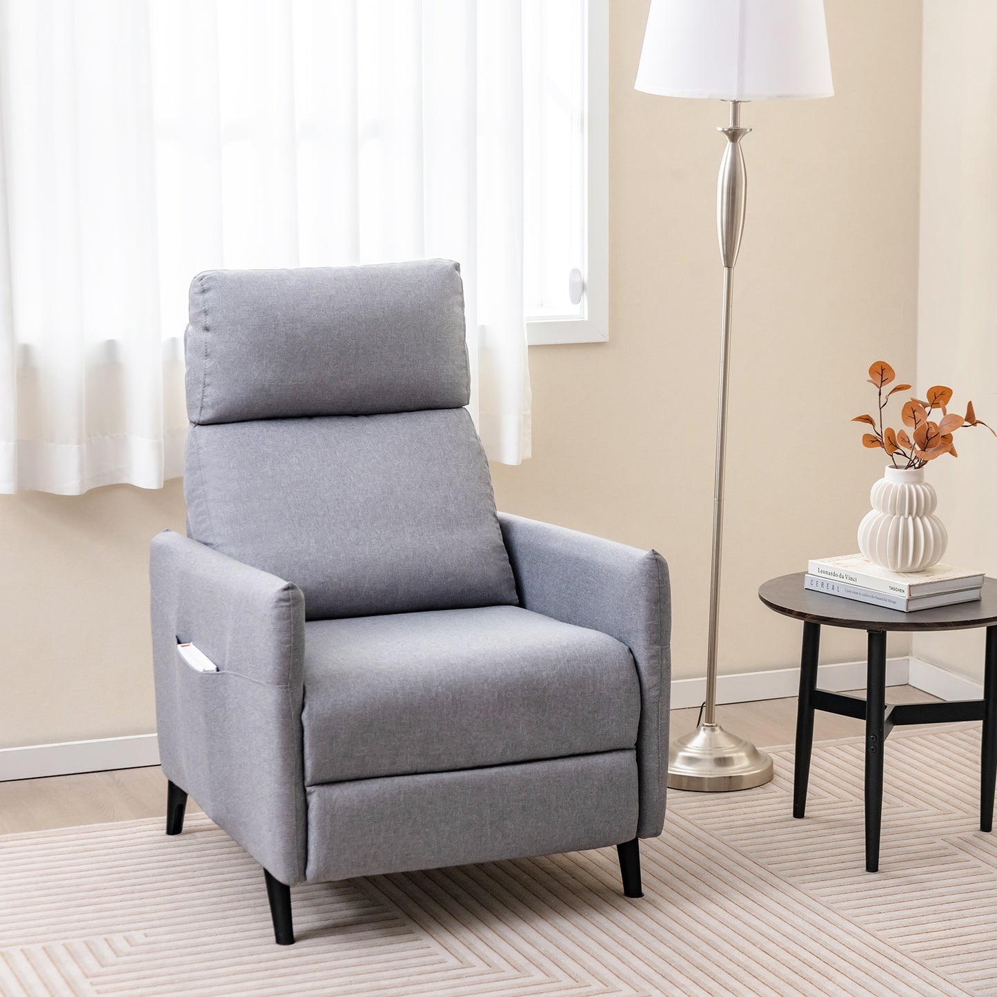 Linen Fabric Push Back Recliner Armchair with Adjustable Backrest and Footrest-Grey
