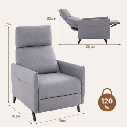 Linen Fabric Push Back Recliner Armchair with Adjustable Backrest and Footrest-Grey