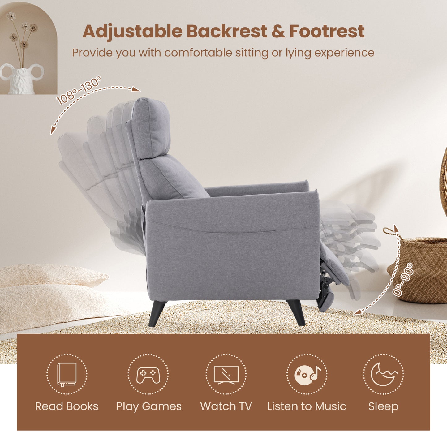 Linen Fabric Push Back Recliner Armchair with Adjustable Backrest and Footrest-Grey