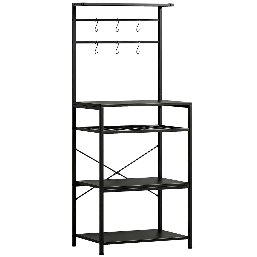 HOMCOM Freestanding Shelving Unit, Industrial Storage Shelf with 6 Hooks and Wine Rack for Living Room, Home Office, Black