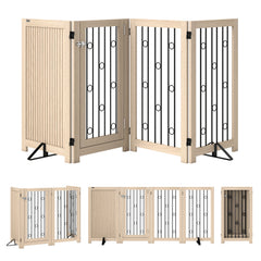 PawHut 4 Panel Freestanding Pet Gate, Indoor Dog Barrier with Lockable Door, Support Feet, 360Â° Flexible Hinges, Oak