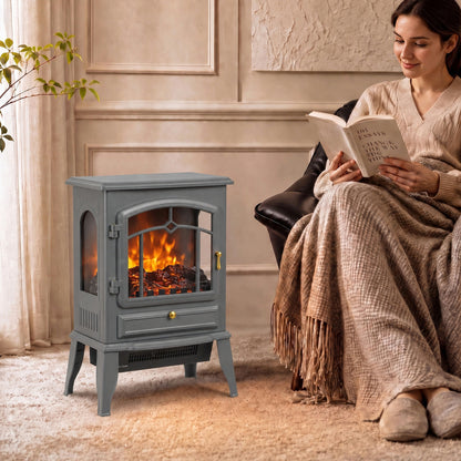 HOMCOM Electric Fireplace Stove, 1000/2000W 3-Sided Freestanding Fireplace Heater with 3D Flame Log, Thermostat, Grey