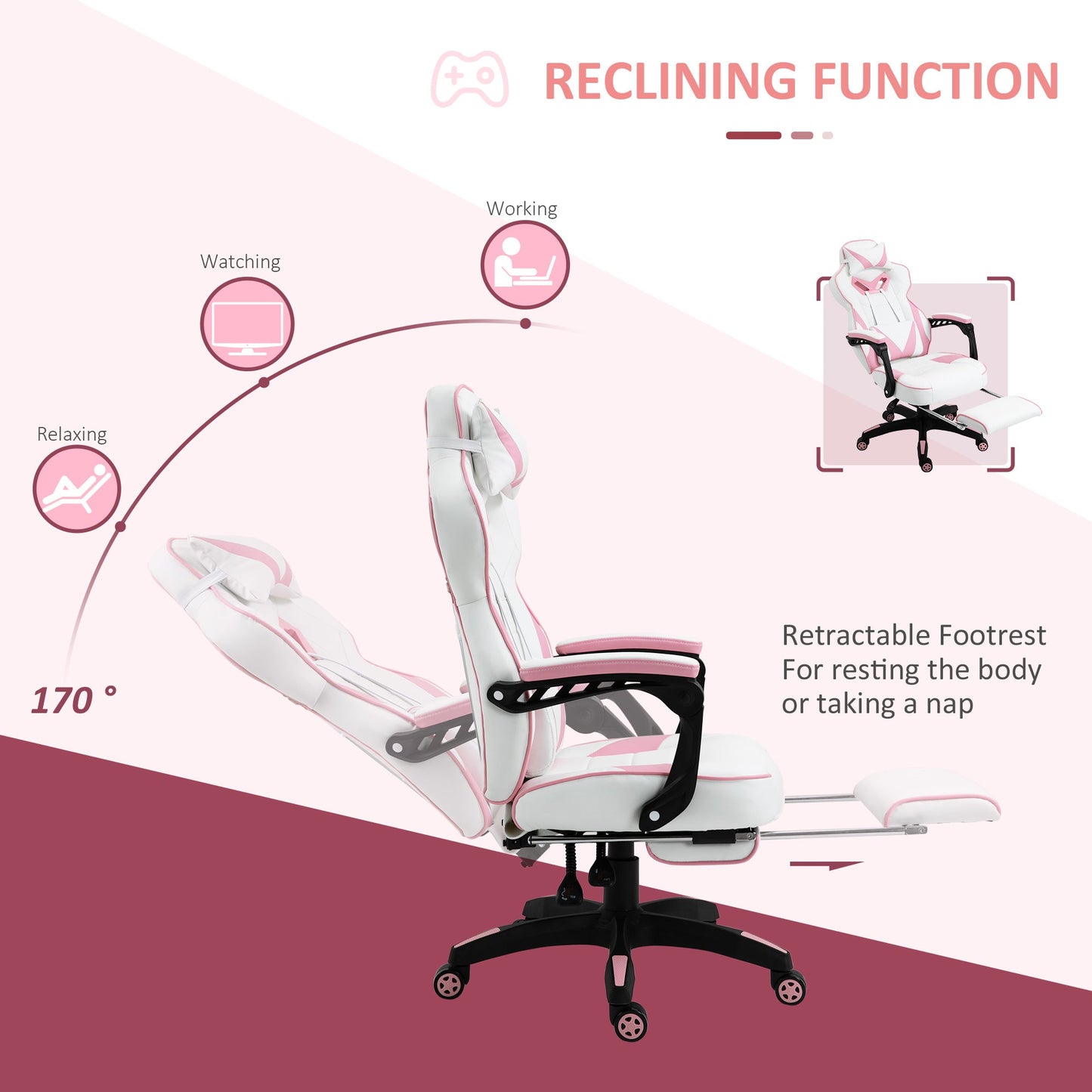 Vinsetto Ergonomic Racing Gaming Chair Office Desk Chair Adjustable Height Recliner with Wheels, Headrest, Lumbar Support, Retractable Footrest, Pink