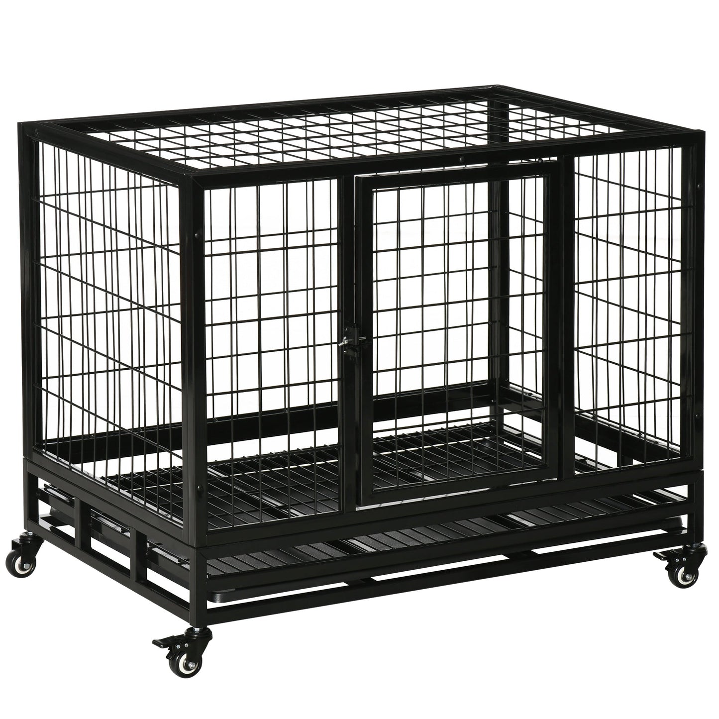 PawHut 36" Heavy Duty Metal Dog Crate Pet Cage with Tray Wheeled Dog Kennel - Black (Medium)