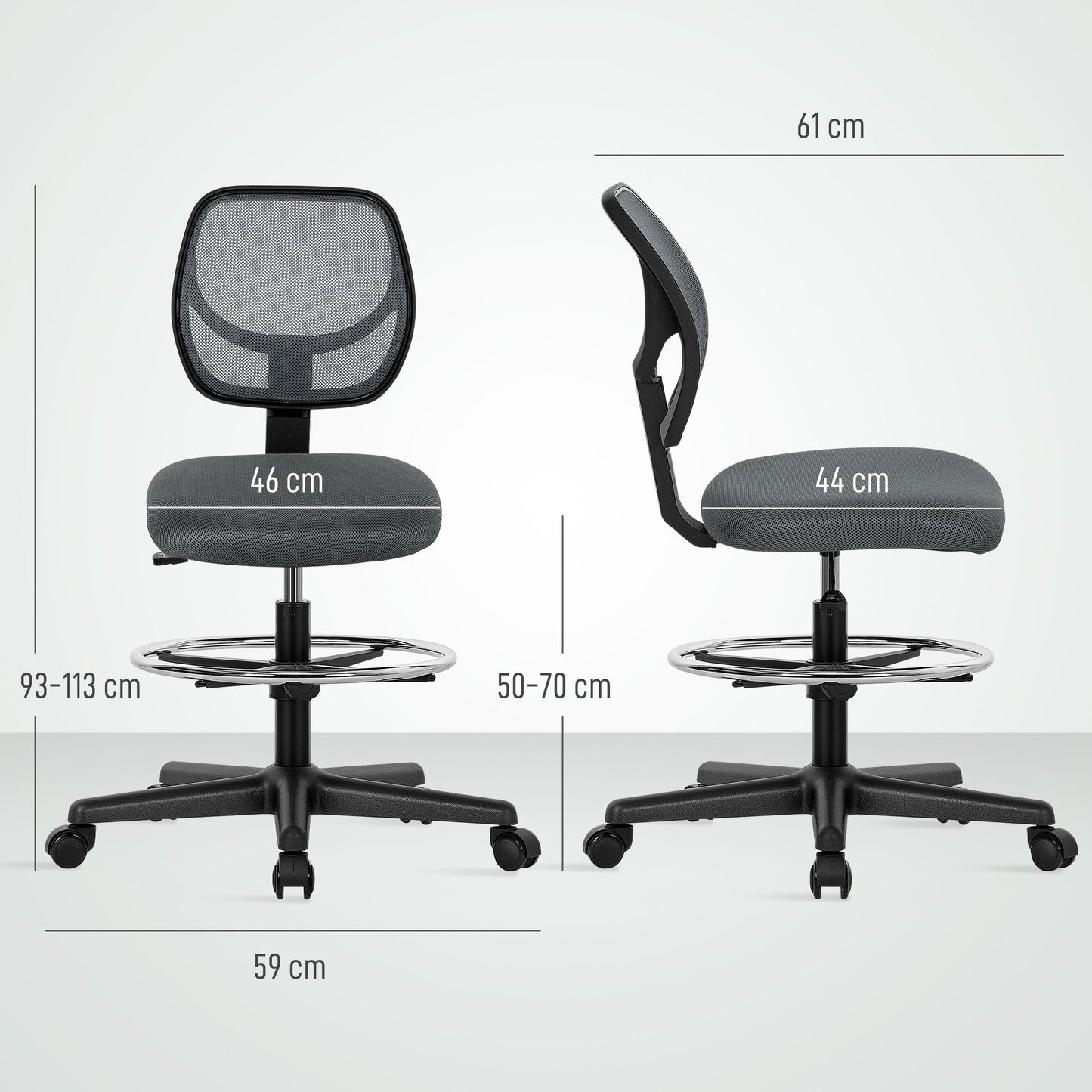 Vinsetto Ergonomic Mesh Standing Desk Chair with Adjustable Footrest Ring and Seat Height Charcoal Grey