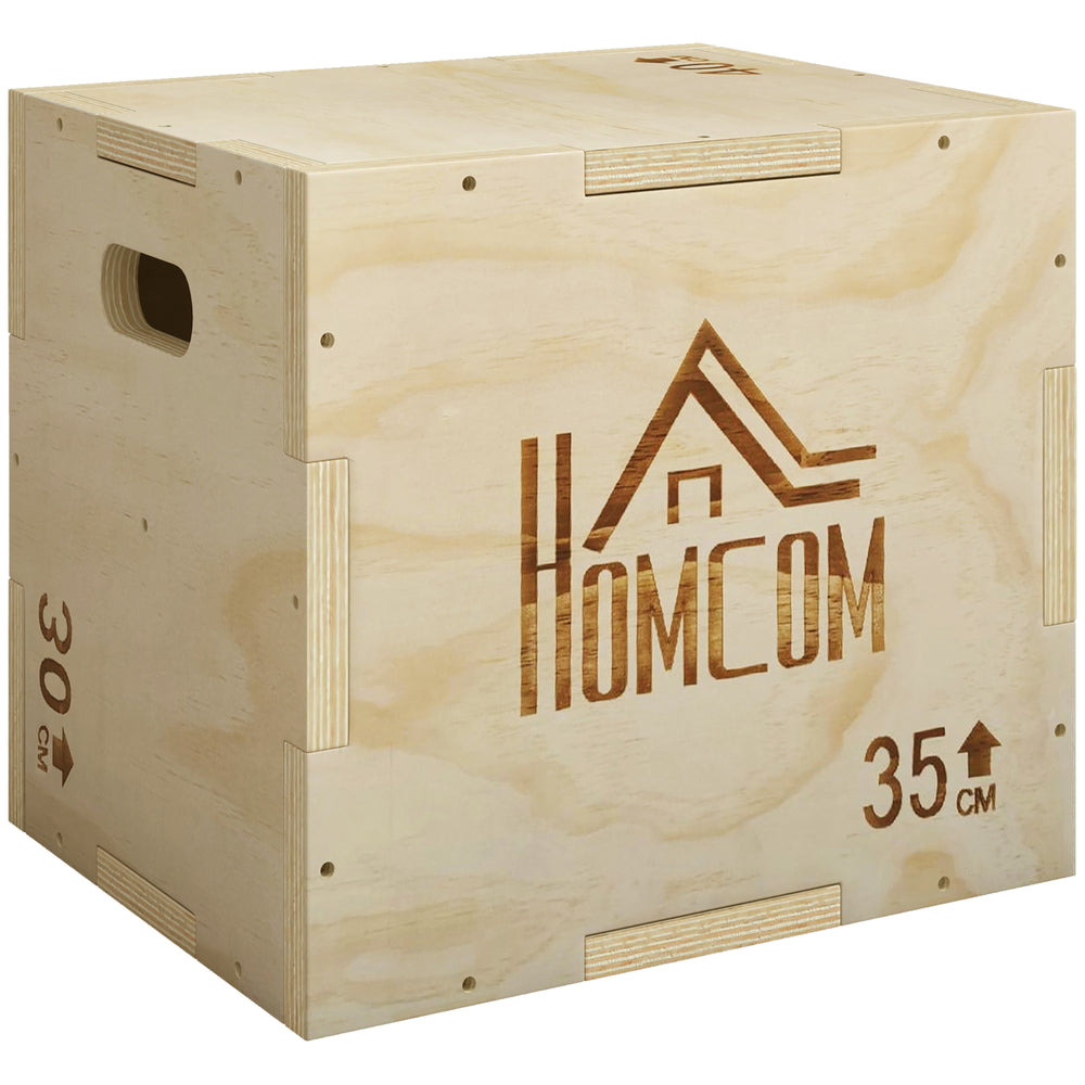 HOMCOM 3-in-1 Wooden Plyo Box, Plyometric Jump Box with Handle Openings for Home Gym, 12" x 14" x 16", Natural
