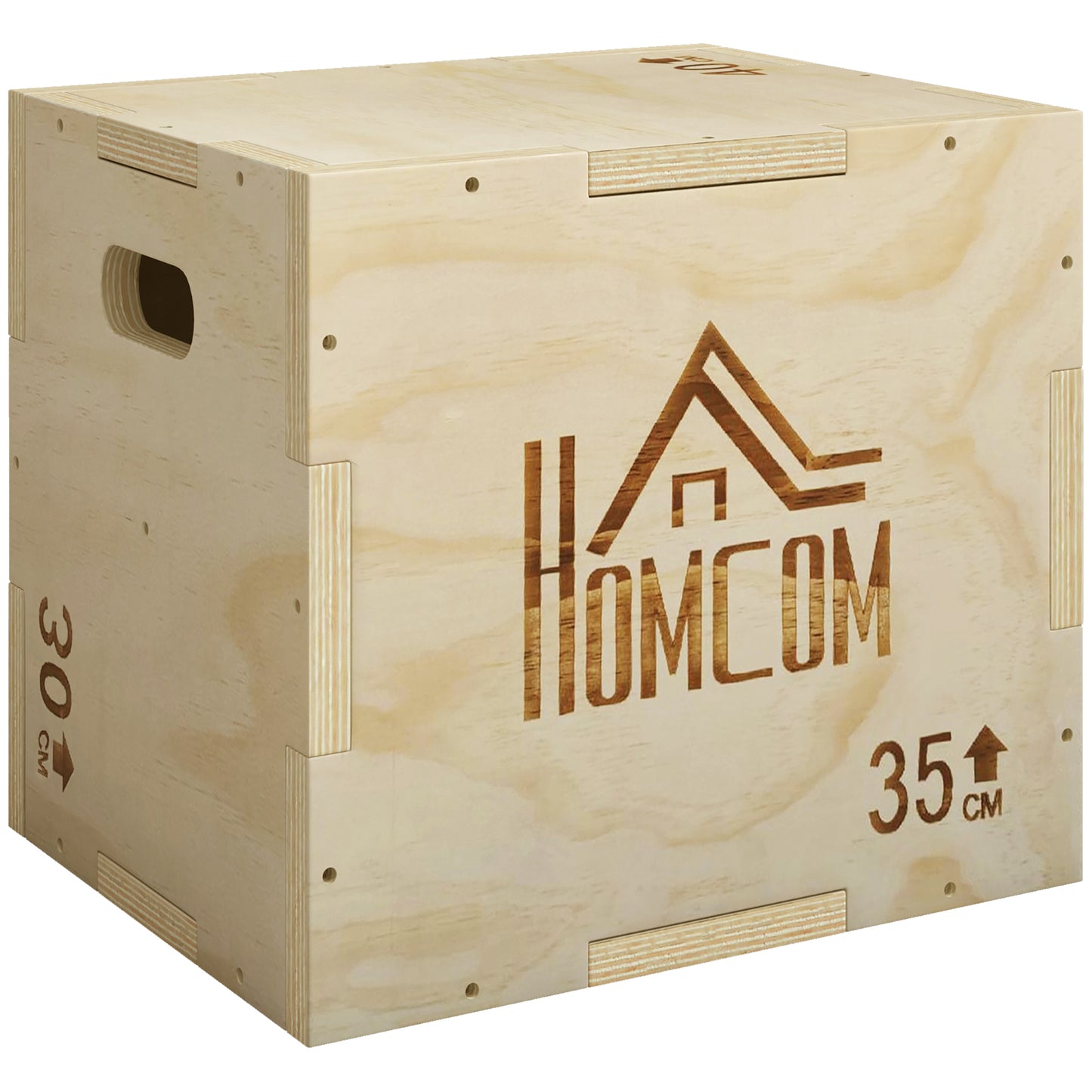 HOMCOM 3-in-1 Wooden Plyo Box, Plyometric Jump Box with Handle Openings for Home Gym, 12" x 14" x 16", Natural
