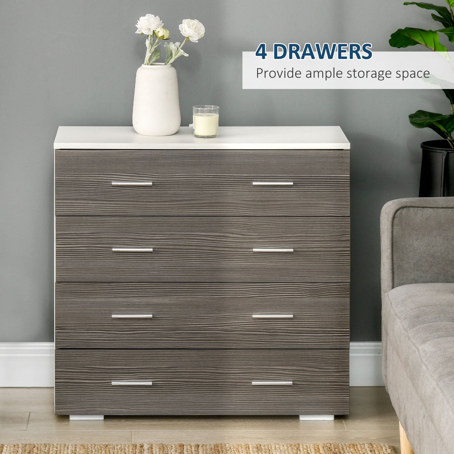 HOMCOM Chest of Drawers, 4 Drawer Dresser, Storage Organizer Unit for Bedroom, Living Room, Grey