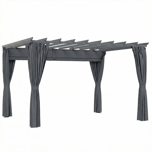 Outsunny 3.6 x 3 m Pergola with Retractable Roof Canopy, Curtains, Aluminium Garden Pergola Gazebo Sun Shade Shelter, Dark Grey