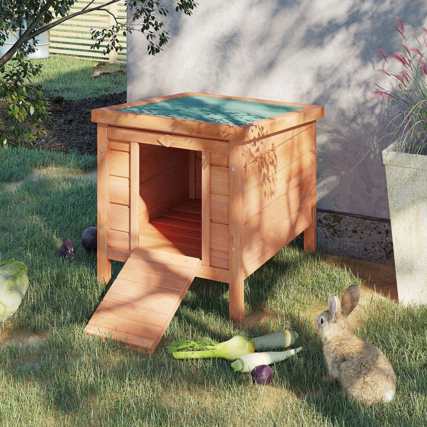 PawHut Wooden Rabbit Hutch Outdoor, Guinea Pig Hutch, Rabbit Hideaway, Cat House, Bunny Cage Small Animal House 51 x 42 x 43 cm, Natural