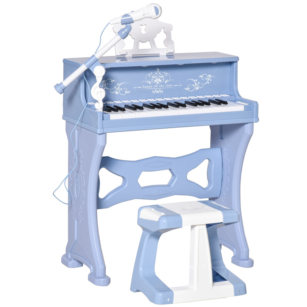 HOMCOM 37 Keys Kids Piano Mini Electronic Keyboard Light Kids Musical Instrument Educational Game Children Grand Piano Toy Set w/Stool & Microphone & Music Stand (Blue)