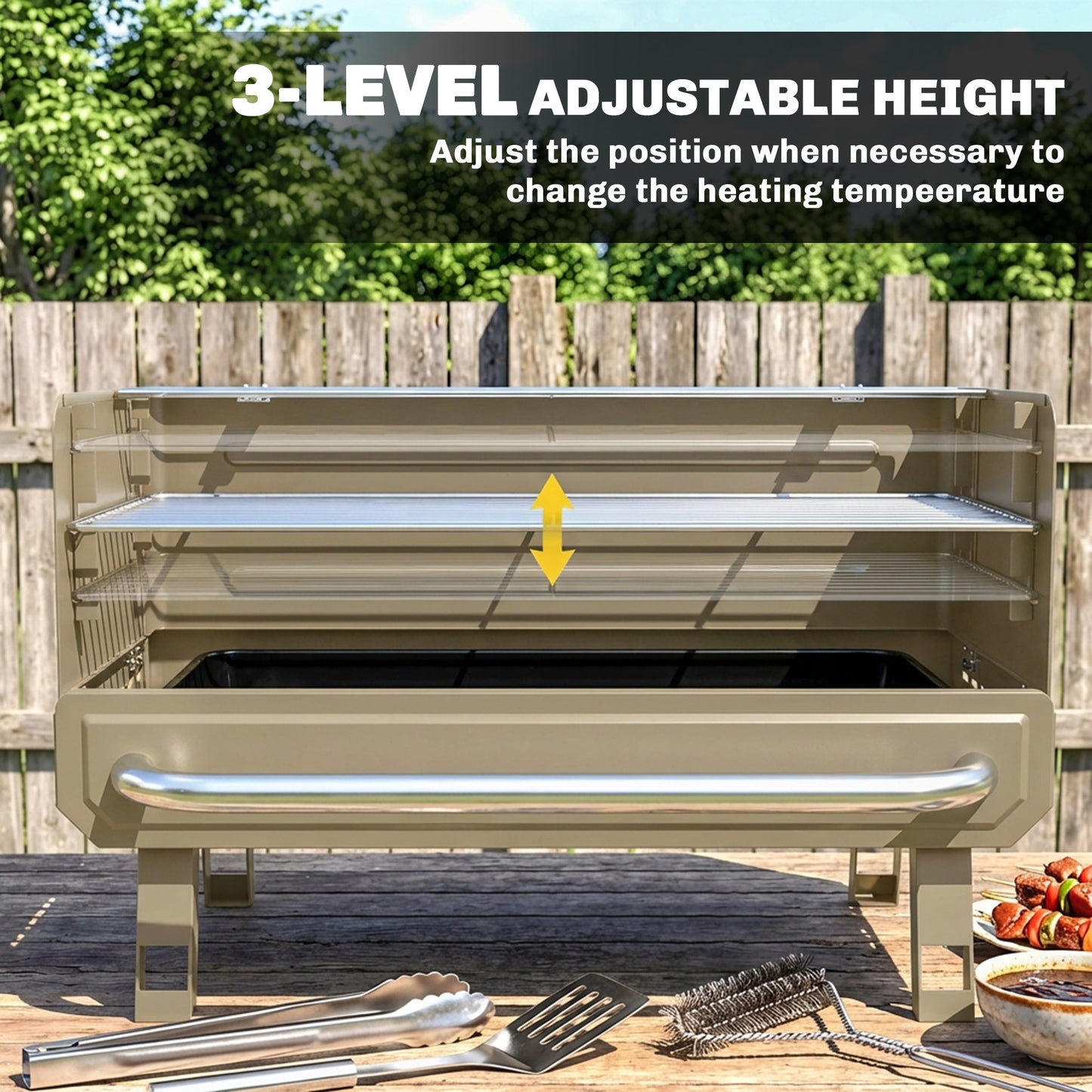 Outsunny Portable BBQ Grill, Charcoal Barbecue Grill with Adjustable Grates, Foldable Legs, Side Shelf for Camping Travel, Khaki