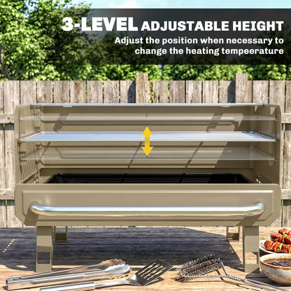 Outsunny Portable BBQ Grill, Charcoal Barbecue Grill with Adjustable Grates, Foldable Legs, Side Shelf for Camping Travel, Khaki