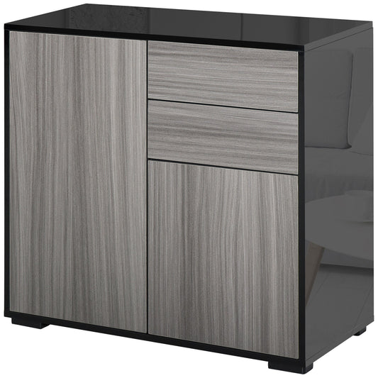 HOMCOM High Gloss Frame Sideboard, Push-Open Design with 2 Drawer for Living Room, Bedroom, 74H x 79W x 36Dcm, Light Grey and Black
